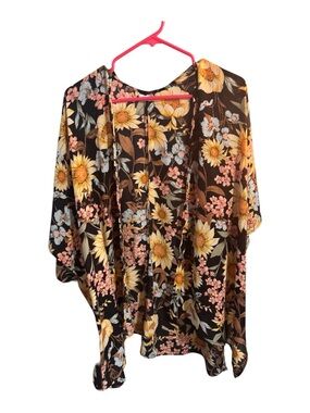 Maurices Brown Floral Open Kimono with Yellow & Pink Flowers